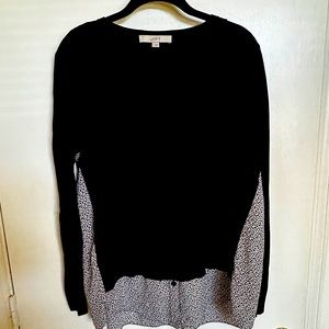 Pullover sweater with peekaboo blouse detail